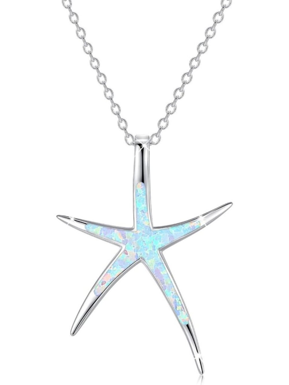 Sterling Silver Starfish Necklace with Opal - Nautical Ocean Pendant for Women